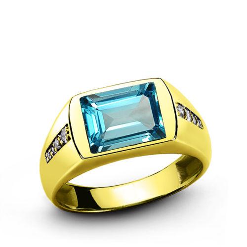 Blue Topaz Stone Yellow Gold 14k Ring for Men and 8 Diamond Accents