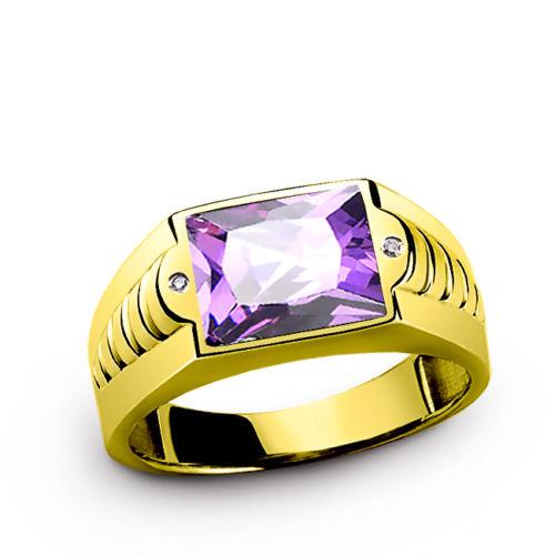NEW 14K Solid YELLOW GOLD Mens Ring with Amethyst Gemstone and DIAMOND Accents