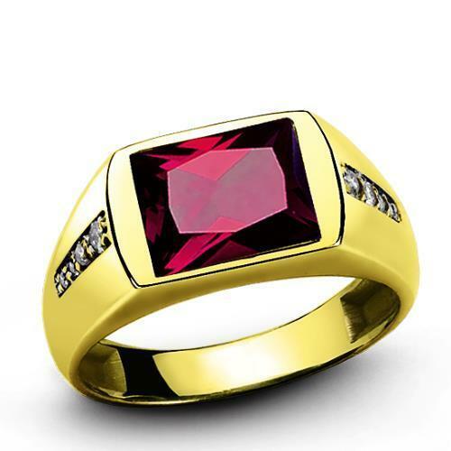 18K Solid Yellow GOLD with Red Ruby Diamond Accents Fine Classic Ring for Men