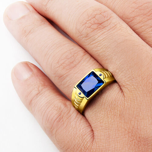 Yellow GOLD Ring for Men 14K Solid with Royal Blue Sapphire Gemstone