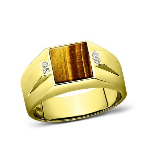 925 Solid Silver Men's 18K Gold Plated Ring Brown Tiger's Eye 4 Diamond Accents