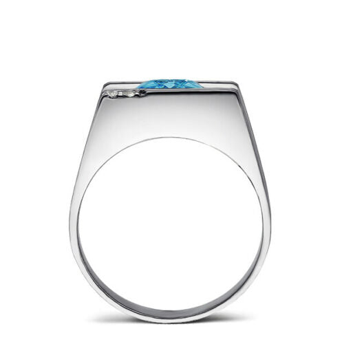 Solid 14K White GOLD Men's Ring REAL with Blue Topaz and GENUINE DIAMONDS
