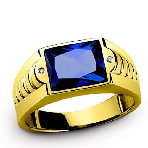 Mens Blue Sapphire Ring Solid 14k Fine Yellow Gold Genuine Diamond Ring For Him
