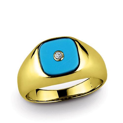 Classic Men's Ring with Earth Mined DIAMOND and Real TURQUOISE in SOLID 14K GOLD