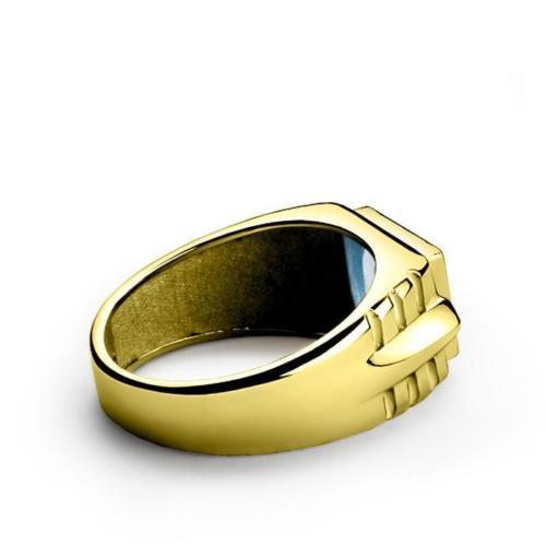 18K Solid Yellow Fine Gold Mens Ring with Blue Topaz and DIAMOND Accents