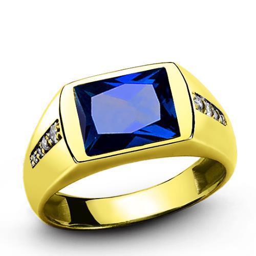 MEN'S RING Blue Sapphire and 8 Diamond Accents in Real 14K Yellow Solid Fine Gold