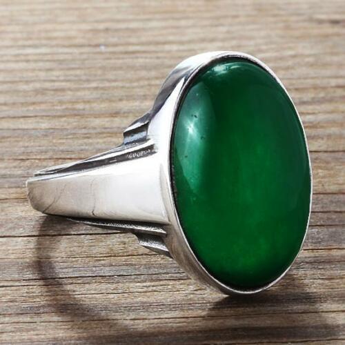 ArtDeco Vintage Style Men's Green Agate Ring in Solid Real 10k White Gold