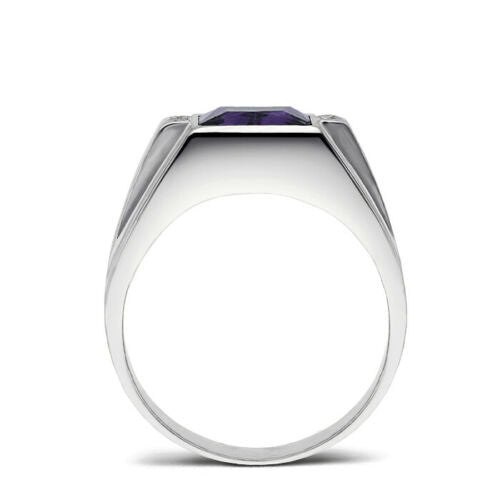14K White Gold Mens Ring 4 Natural Diamonds Accents and Purple Amethyst