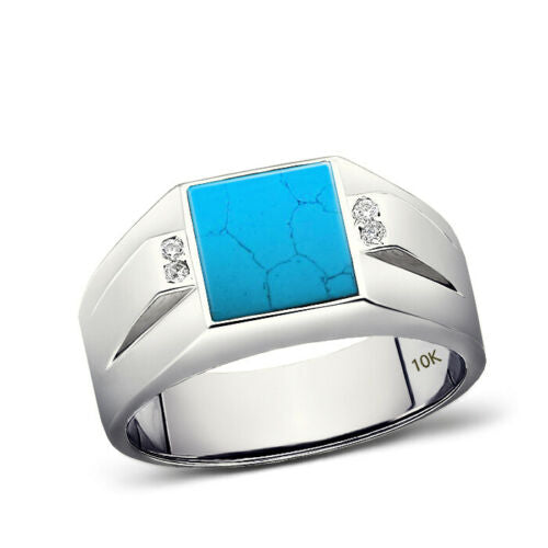 Men's Solid 18K White Gold Turquoise Ring 0.08ct Natural Diamond Ring for Man