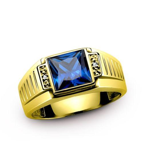 Men's Sapphire Ring REAL 14K SOLID GOLD with DIAMOND Accents Fine jewelry