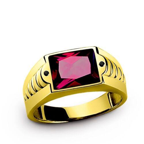 Men's Red Ruby Ring in 10K SOLID Fine Yellow GOLD with 2 Onyx Gemstone Accents