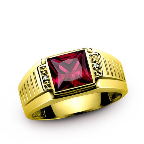 Real 14K Solid Yellow  Gold Mens Ring with Red Ruby and Diamond Accents
