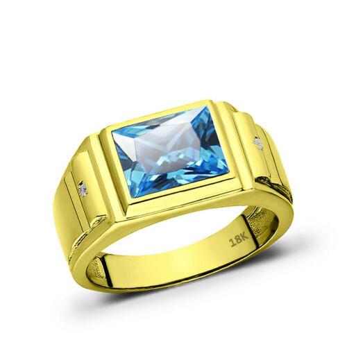 Men's Solid 18K Gold Blue Topaz Gemstone Ring 2 Natural Diamond Accents
