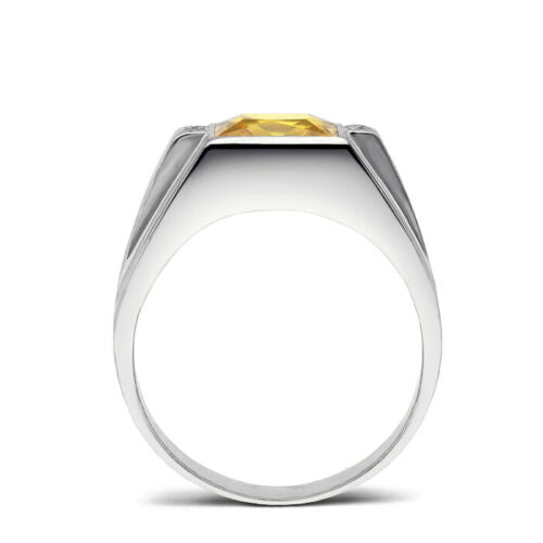New Solid 14K White Gold Citrine Mens Ring 0.08ct Natural Diamonds Ring for Men