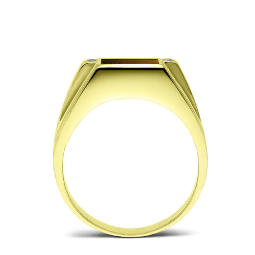 Fine 14K Yellow Gold Men's Heavy Ring 0.08ct Natural 4 Diamonds Brown Tiger's Eye