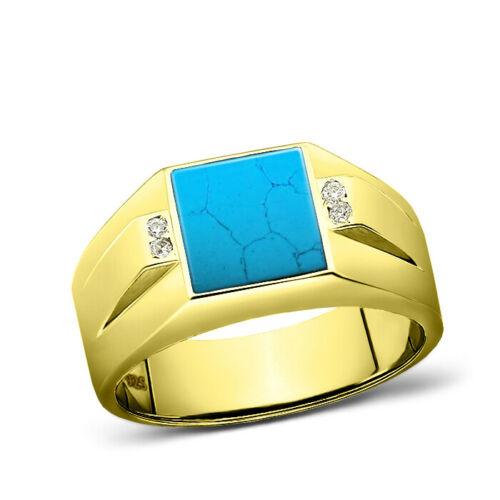 925 Solid Silver Mens 18K Gold Plated Real Turquoise Ring With 4 Diamond Accents