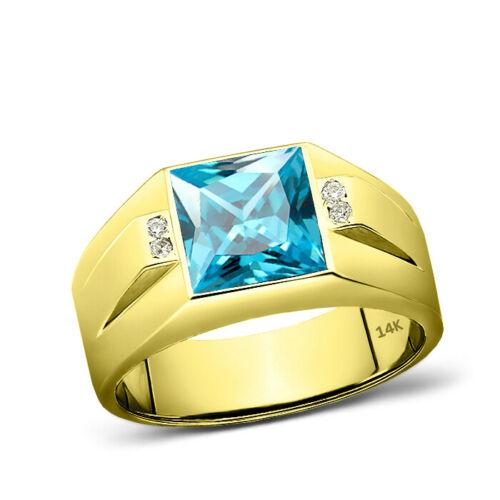 14K Solid Yellow Gold Blue Topaz 4 Diamond Accents Mens Ring