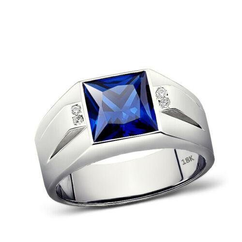 18K Stamped Solid White Gold Ring for Men 4 Natural Diamonds and Blue Sapphire