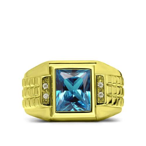 18K Gold Plated 925 Solid Silver Blue Topaz 4 Diamond Accents Artistic Men's Ring
