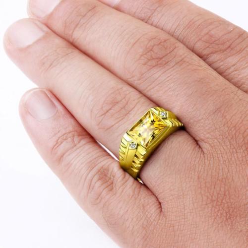 18K Solid Yellow Gold Citrine Ring For Man and 2 DIAMOND Accents