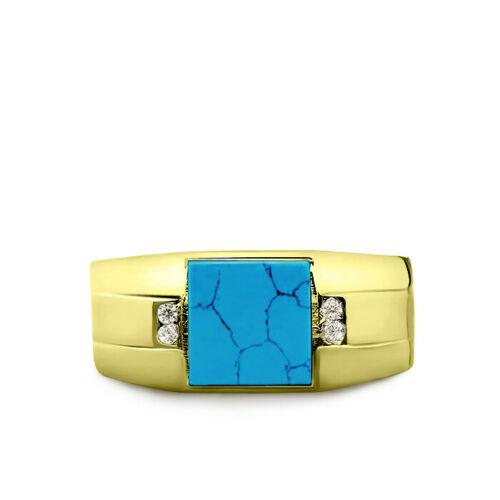 Fine 14K Yellow Gold Turquoise Mens Heavy Ring 0.08ct Natural 4 Diamonds