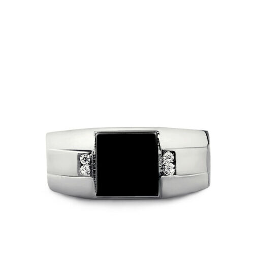 Solid 18K White Gold Men's Natural Black Onyx and 4 Real Diamond Ring