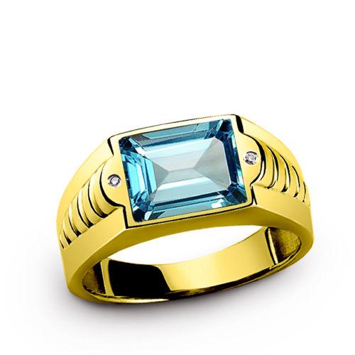 Men's Ring in 14K SOLID Yellow Gold with Blue Topaz and Diamond Accents