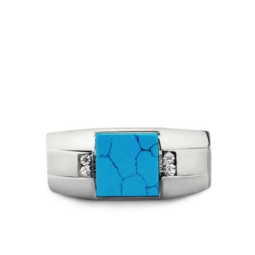 New Men's Solid 10K White Gold Turquoise Ring 0.08ct Natural Diamond Ring for Man
