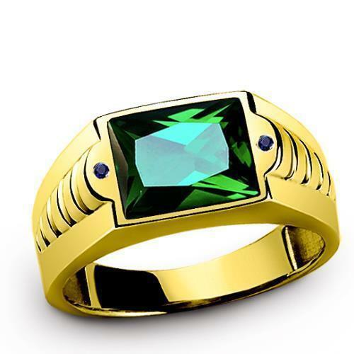 Mens Emerald Ring Solid 14k Fine Gold Blue Sapphire Accents Ring
