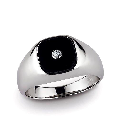 Solid 10K White Gold Signet Design Men's Onyx Ring with Diamond